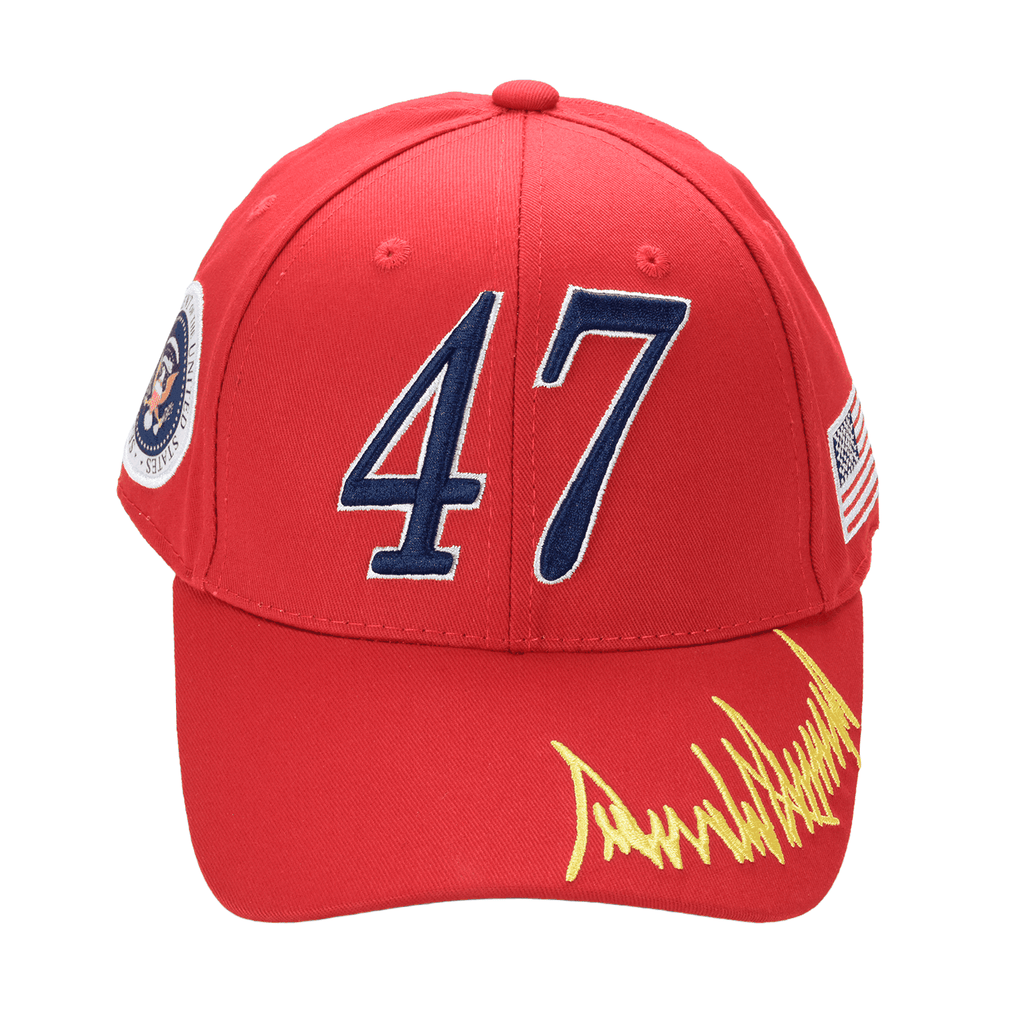Trump 47 Cap – Red Cotton Twill Embroidered MAGA Hat with Presidential Seal, USA Flag & Signature