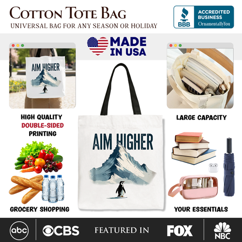 Aim Higher Penguin Tote Bag, Vintage Mountain Motivational Quote Gift Shopper