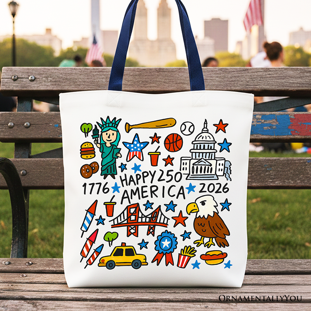 Happy 250 America Doodle Tote Bag, Patriotic USA 1776-2026 250th Anniversary Gift Shopper