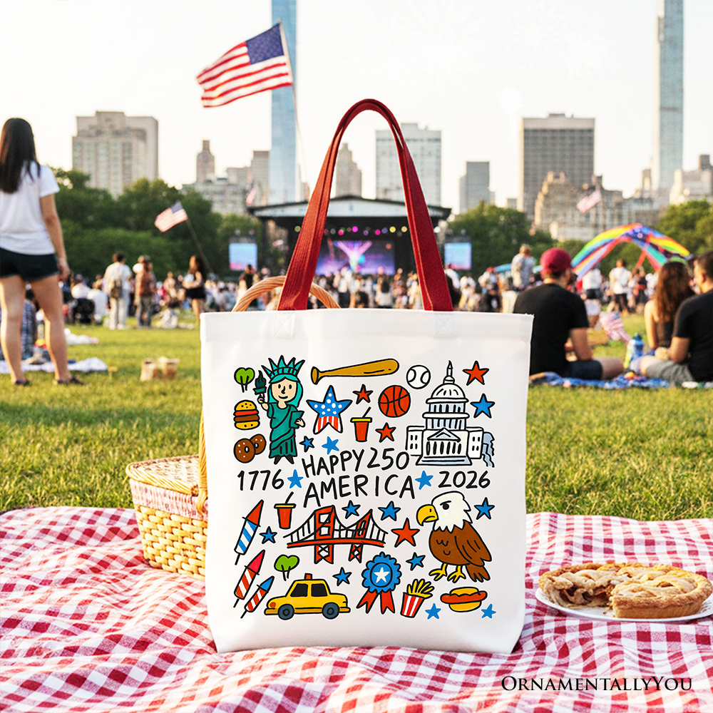 Happy 250 America Doodle Tote Bag, Patriotic USA 1776-2026 250th Anniversary Gift Shopper