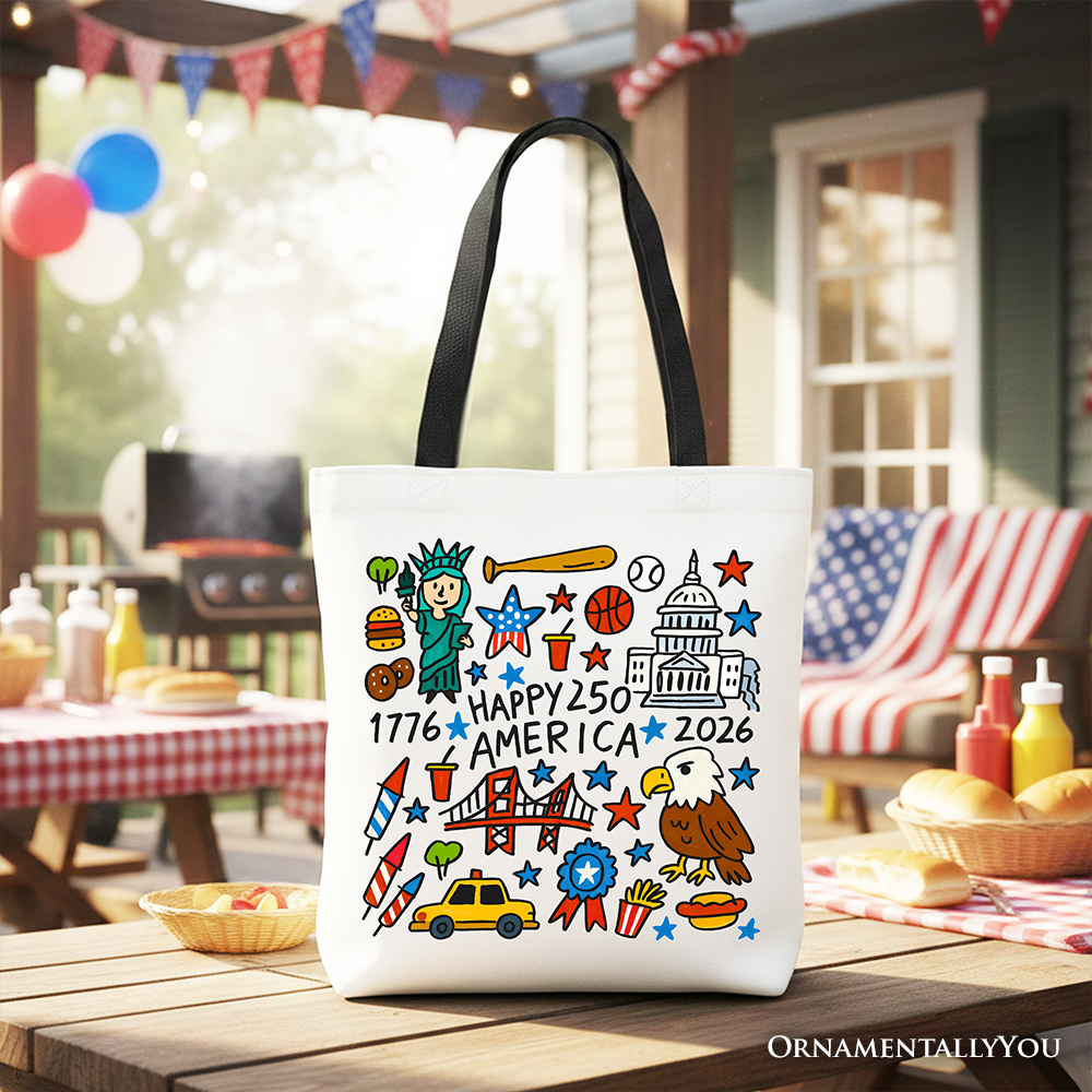 Happy 250 America Doodle Tote Bag, Patriotic USA 1776-2026 250th Anniversary Gift Shopper