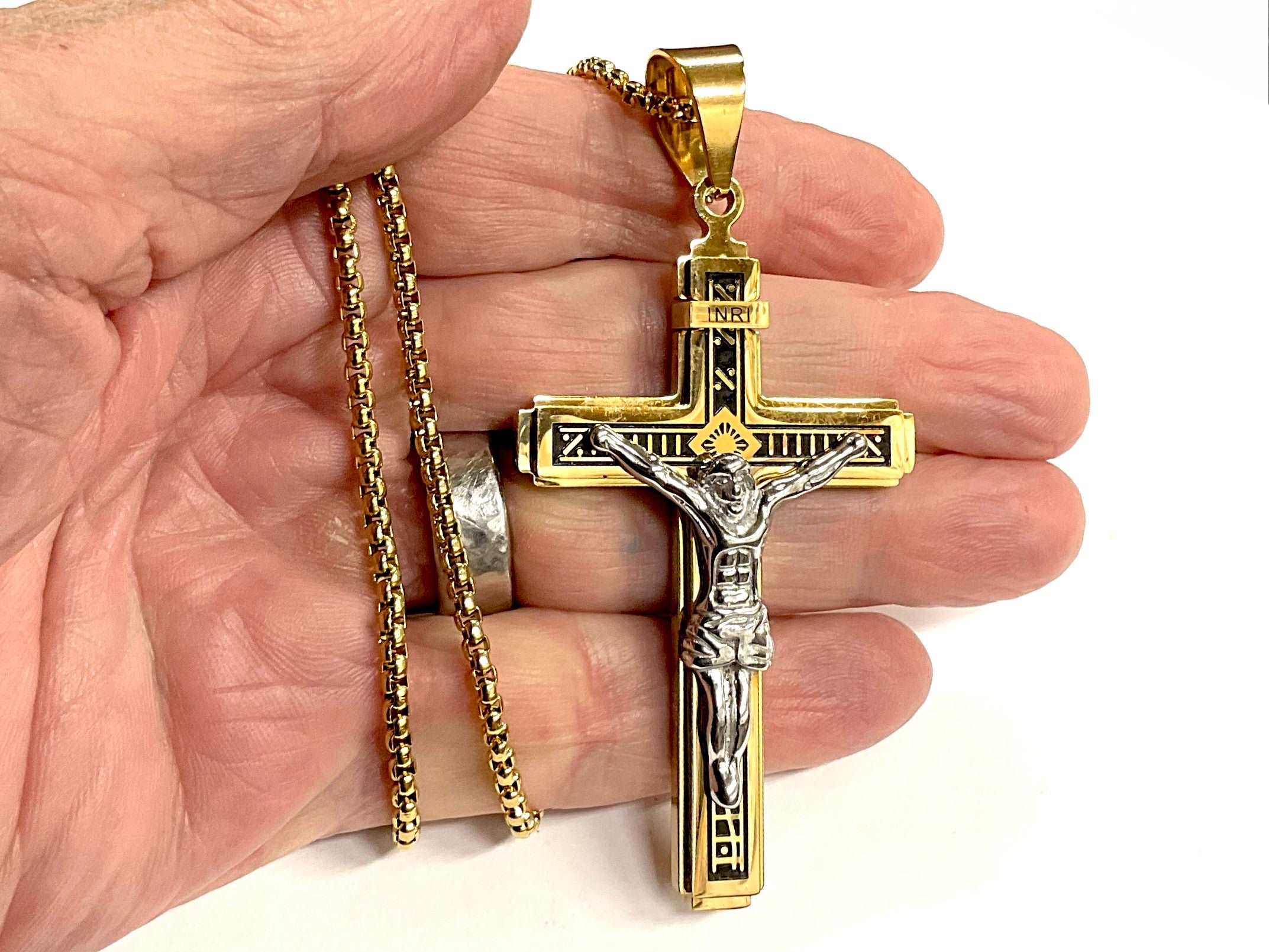 Large silver and gold gothic cross crucifix necklace for men waterproof stainless steel INRI