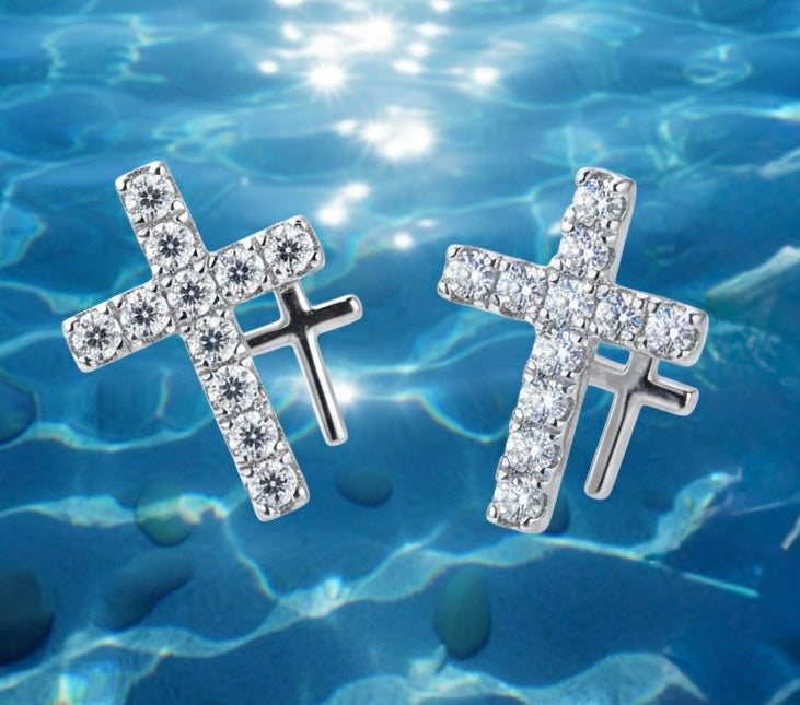 Silver double cross earrings solid sterling S925 2 crosses with CZ for woman zircon jewelry