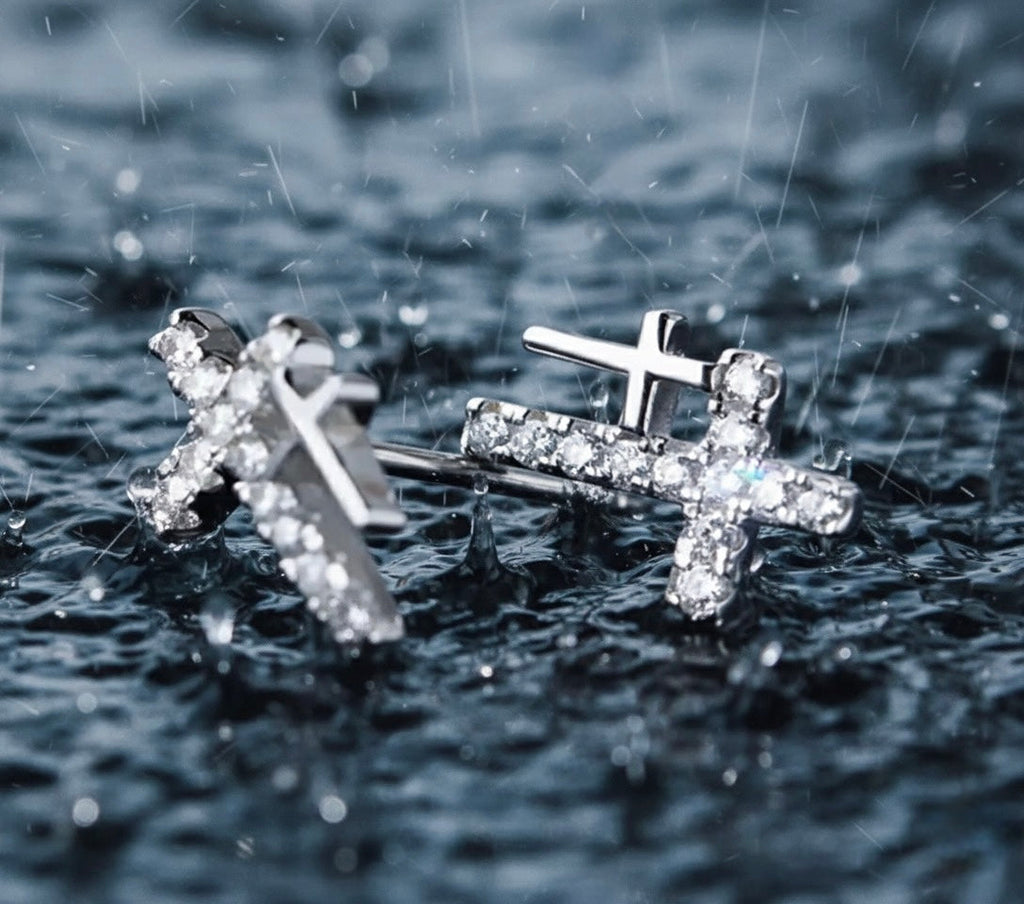 Silver double cross earrings solid sterling S925 2 crosses with CZ for woman zircon jewelry