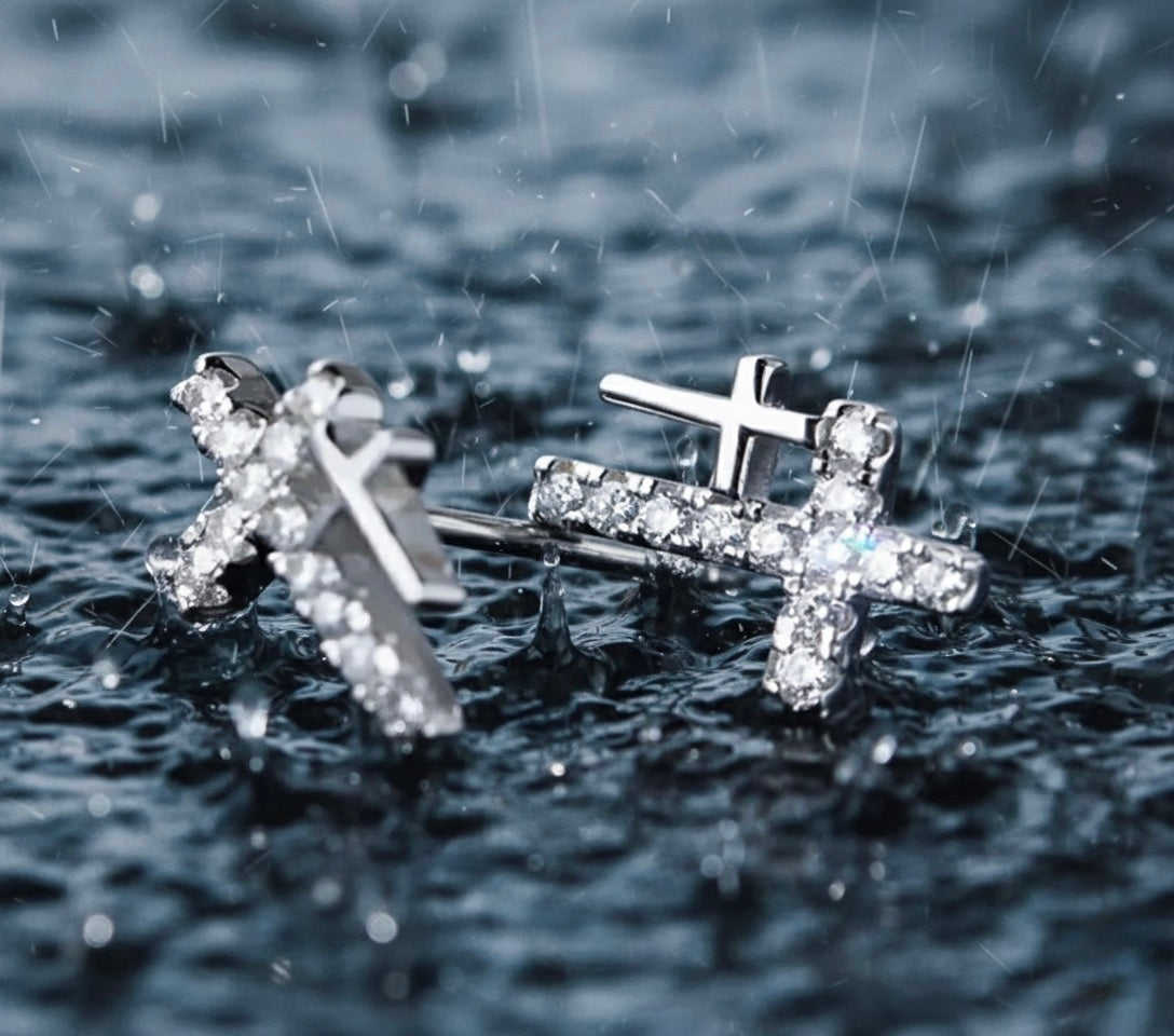 Silver double cross earrings solid sterling S925 2 crosses with CZ for woman zircon jewelry