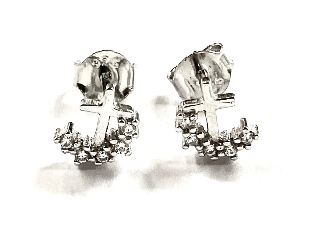 Dainty solid sterling silver cross and Zircon arc earrings S925 for girls women hypoallergenic silver cross wedding jewelry