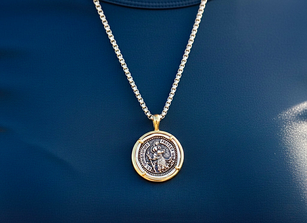 Saint christopher PROTECT us medal police officers soldiers silver cast medallion for man stainless steel chain patron saint