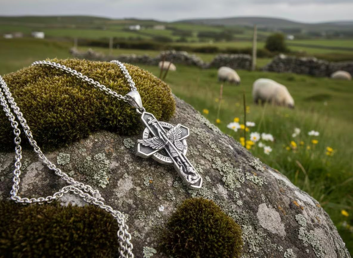 Winged Saint Michaels the Archangel Cross Solid Sterling Silver Waterproof Protect Us Celtic Shield St Patron Saint Police Officers Soldiers
