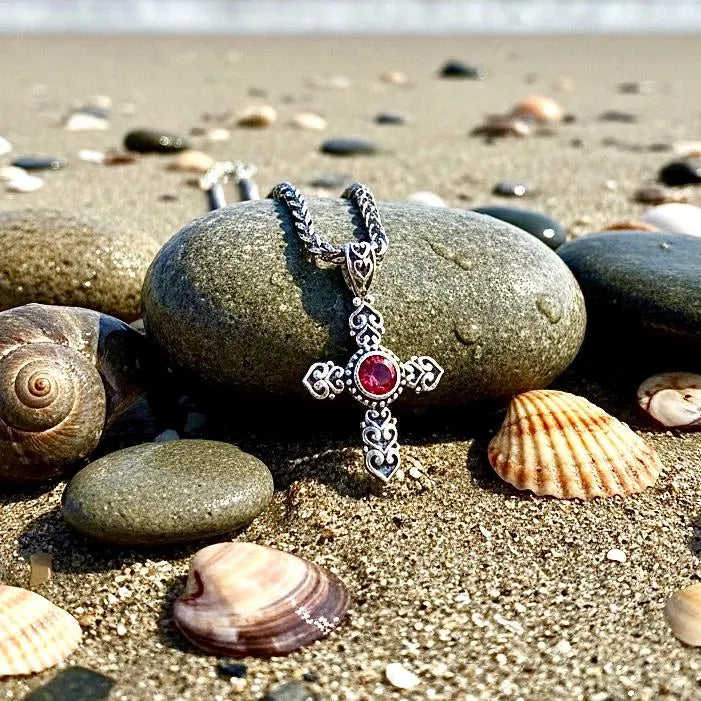 925 Solid Sterling Silver Red Ruby Cross Vintage Antique Necklace S925 Pendant for Women Cast Jewelry link Chain Jewellery for Girls