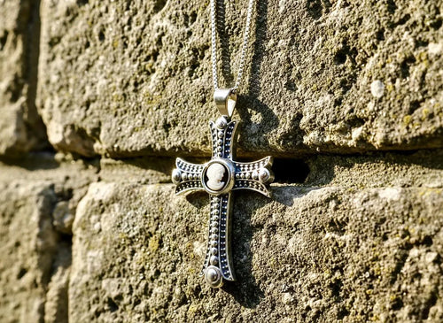 925 Mother of Pearl Cameo Cross Necklace Pure Solid Sterling Silver Carved Inlay Accent for Man Women Old World Box Chain Catholic Jesus