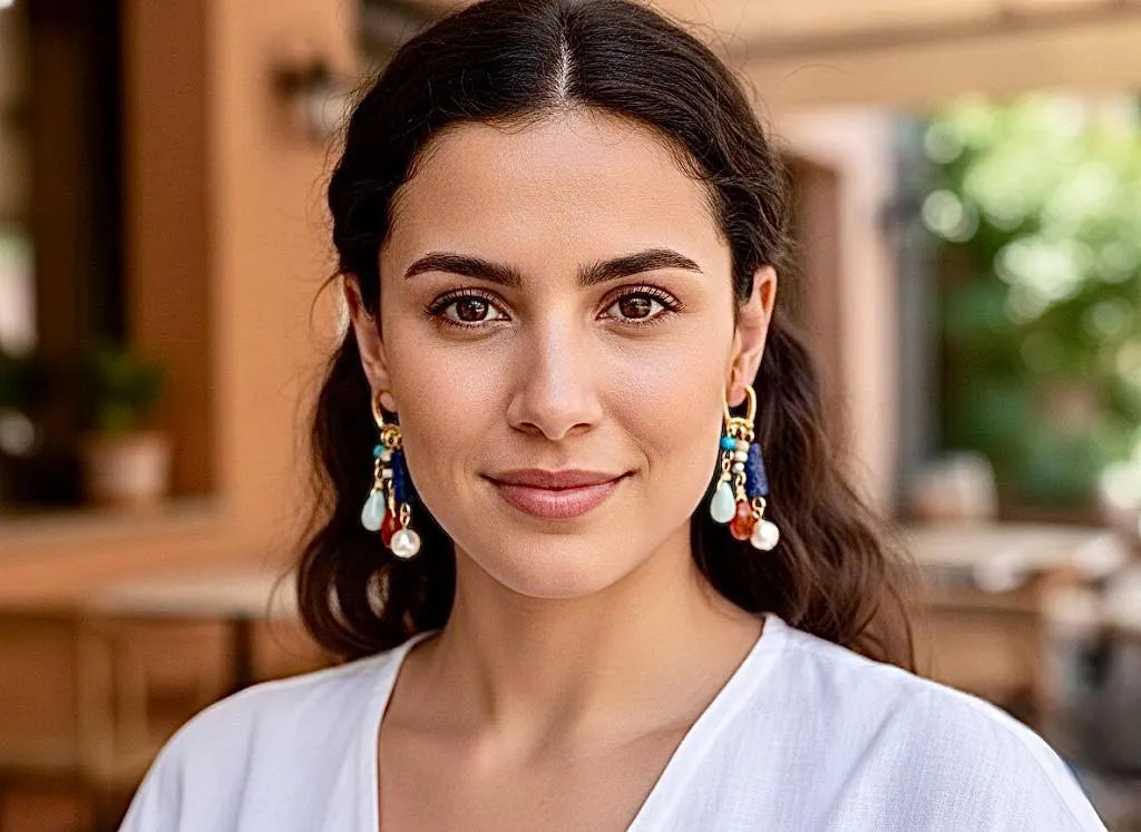 Natural gemstone 3 row hoop and tassel earrings amazonite, agate, jasper, pearl, drop dangle bohemian boho hippie woman hand assembled