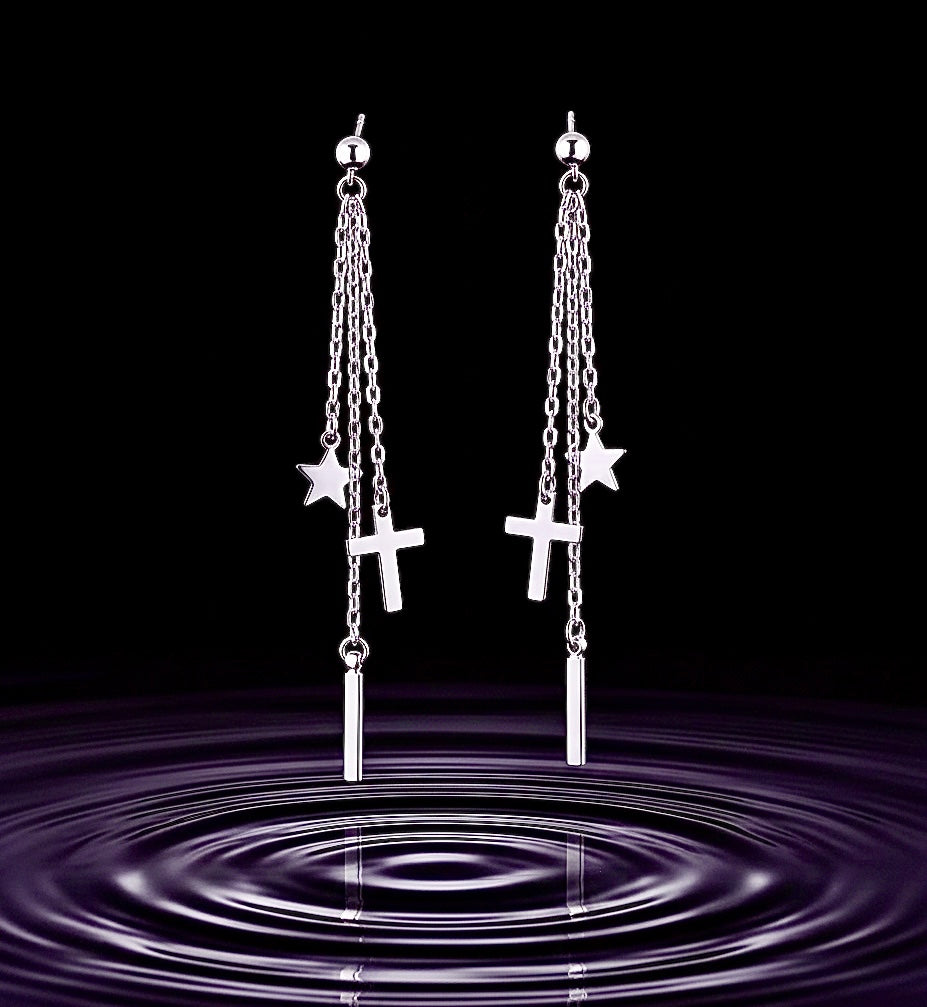 Chain Cross Star Earrings 3 Strand Silver Bohemian Dangle Long Drop Chain Boho Jesus Pendant for Women