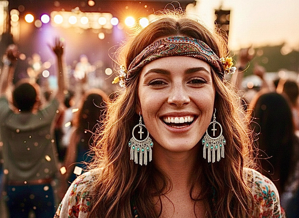 Silver Cross 10 Tassel Earrings Turquoise Bohemian Boho Tassel Dangle Hippie Hand Assembled Drop Jewelry