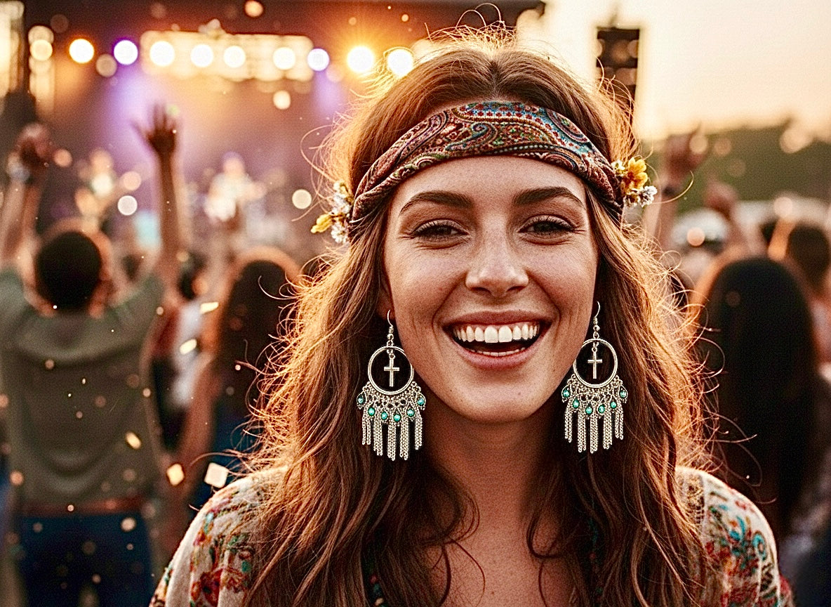 Silver Cross 10 Tassel Earrings Turquoise Bohemian Boho Tassel Dangle Hippie Hand Assembled Drop Jewelry