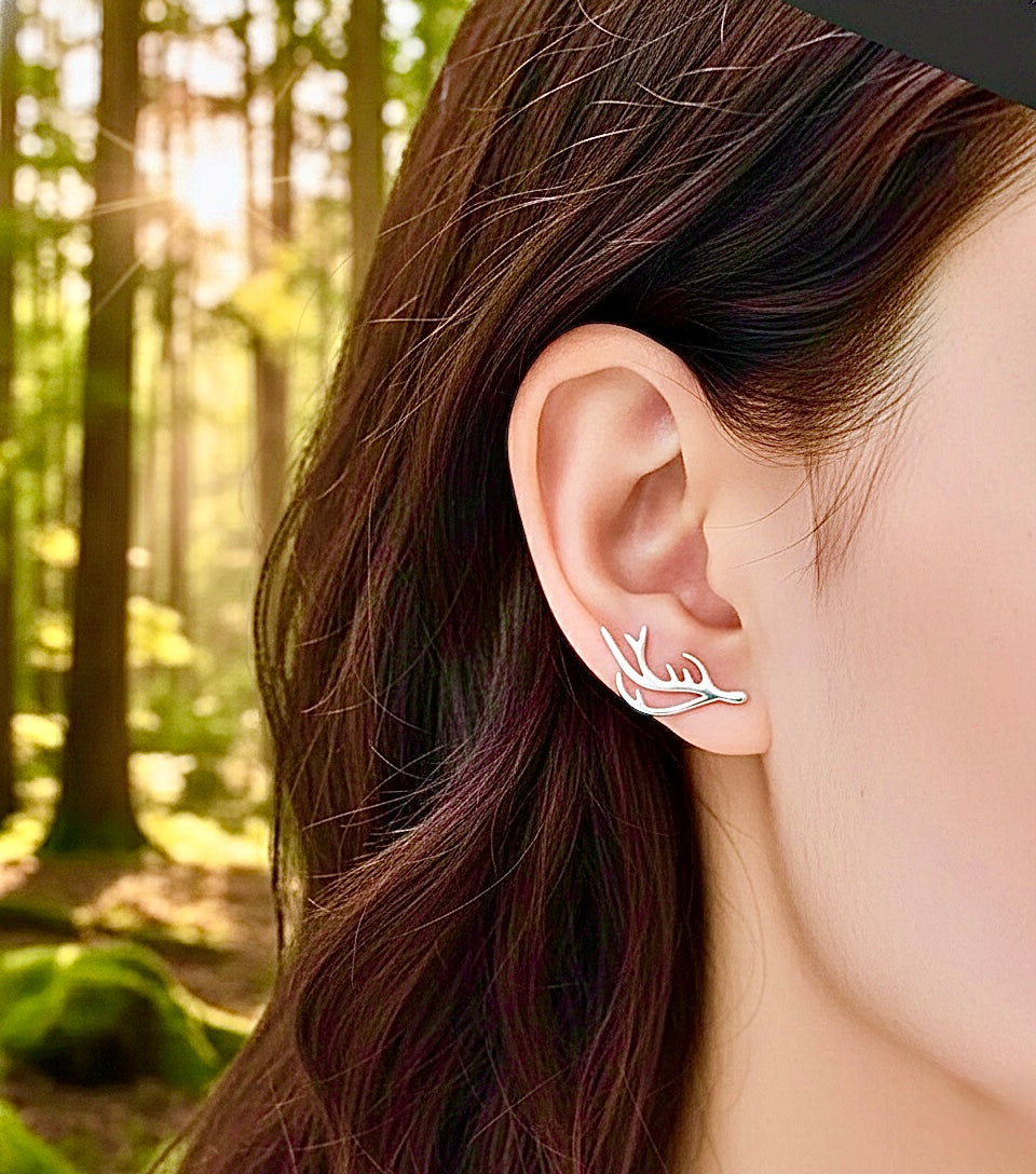 Silver Elk Deer Antlers Earrings Sideways Ear Climber Stud Hikers Wanderlust Bikers Minimalist Stainless Steel Hypoallergenic Outdoor Enthusiasts