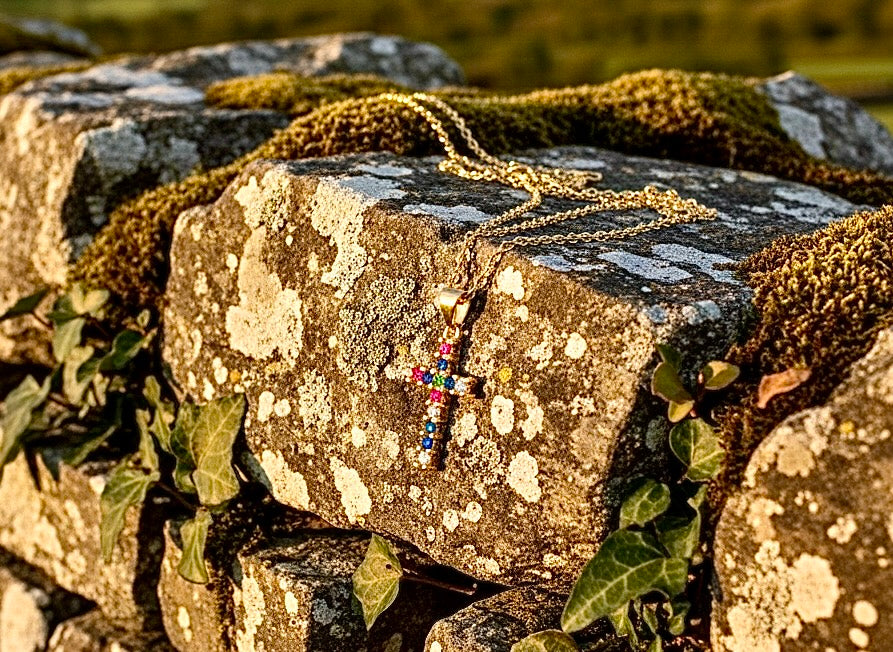 Gold Cross Necklace Pendant with Multi Color inset Zircons CZ