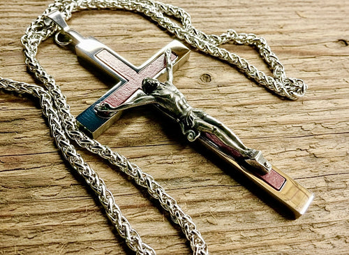 Behemoth wood inlayed crucifix cross necklace for men man women stainless steel large hypoallergenic cross 2