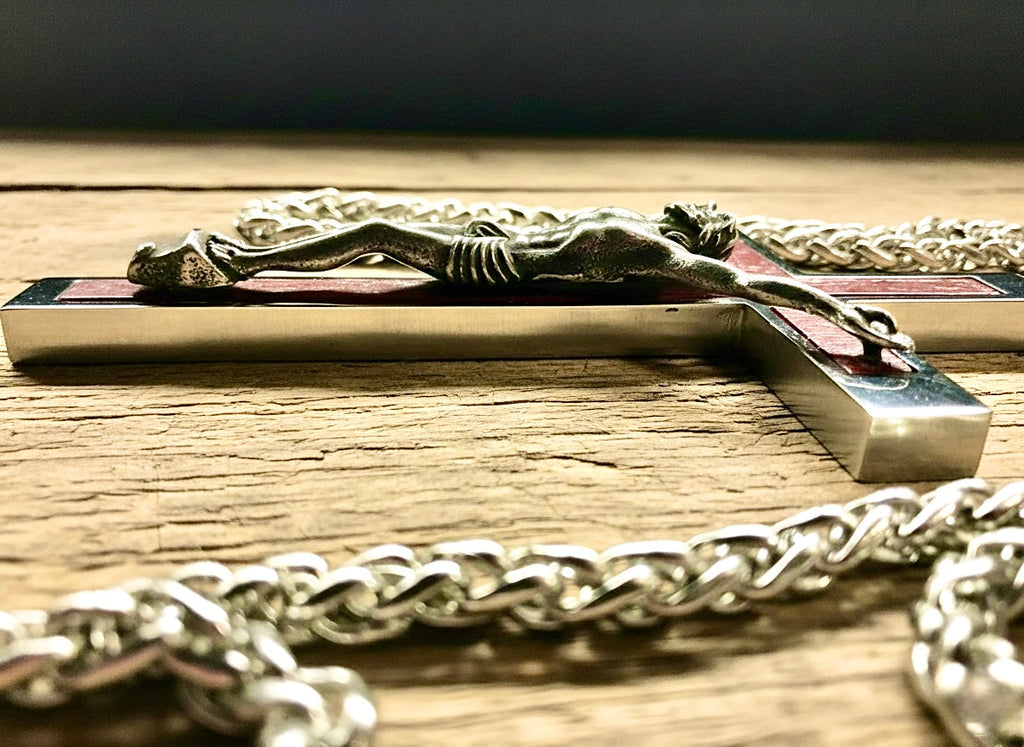 Behemoth wood inlayed crucifix cross necklace for men man women stainless steel large hypoallergenic cross 2