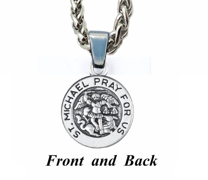 Saint Michael Medal Silver St Michaels Cast Medallion Firefighters Prayer Stainless Steel Chain Patron Saint of Police Officers Soldiers