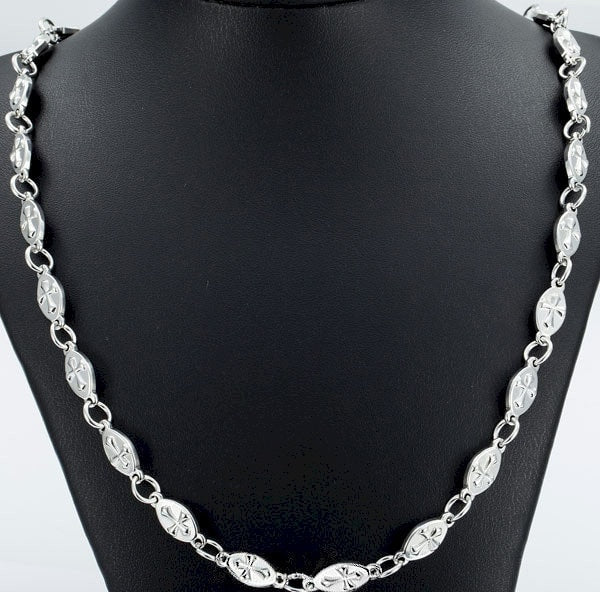 Set - Silver Chain Raised Cross Sideways Oval Link Necklace and Bracelet Fabulous Raised Horizontal Christ Hypoallergenic Waterproof Stainless Steel