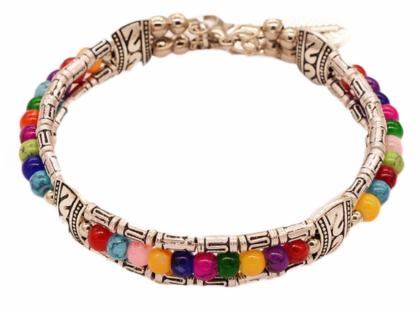 Hippie Bracelet Colored Beads Silver Feather Charm SouthWest Jewelry Yoga Chakra Bracelet Bangle Vintage Boho Bohemian Hippie for Women Cuff
