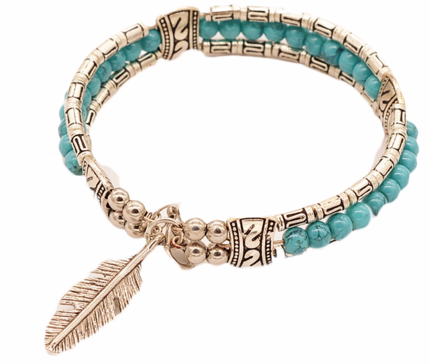 Hippie Bracelet Colored Beads Silver Feather Charm SouthWest Jewelry Yoga Chakra Bracelet Bangle Vintage Boho Bohemian Hippie for Women Cuff