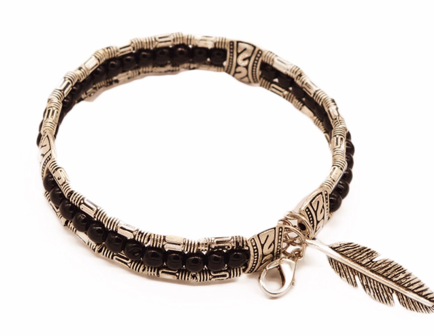 Hippie Bracelet Colored Beads Silver Feather Charm SouthWest Jewelry Yoga Chakra Bracelet Bangle Vintage Boho Bohemian Hippie for Women Cuff