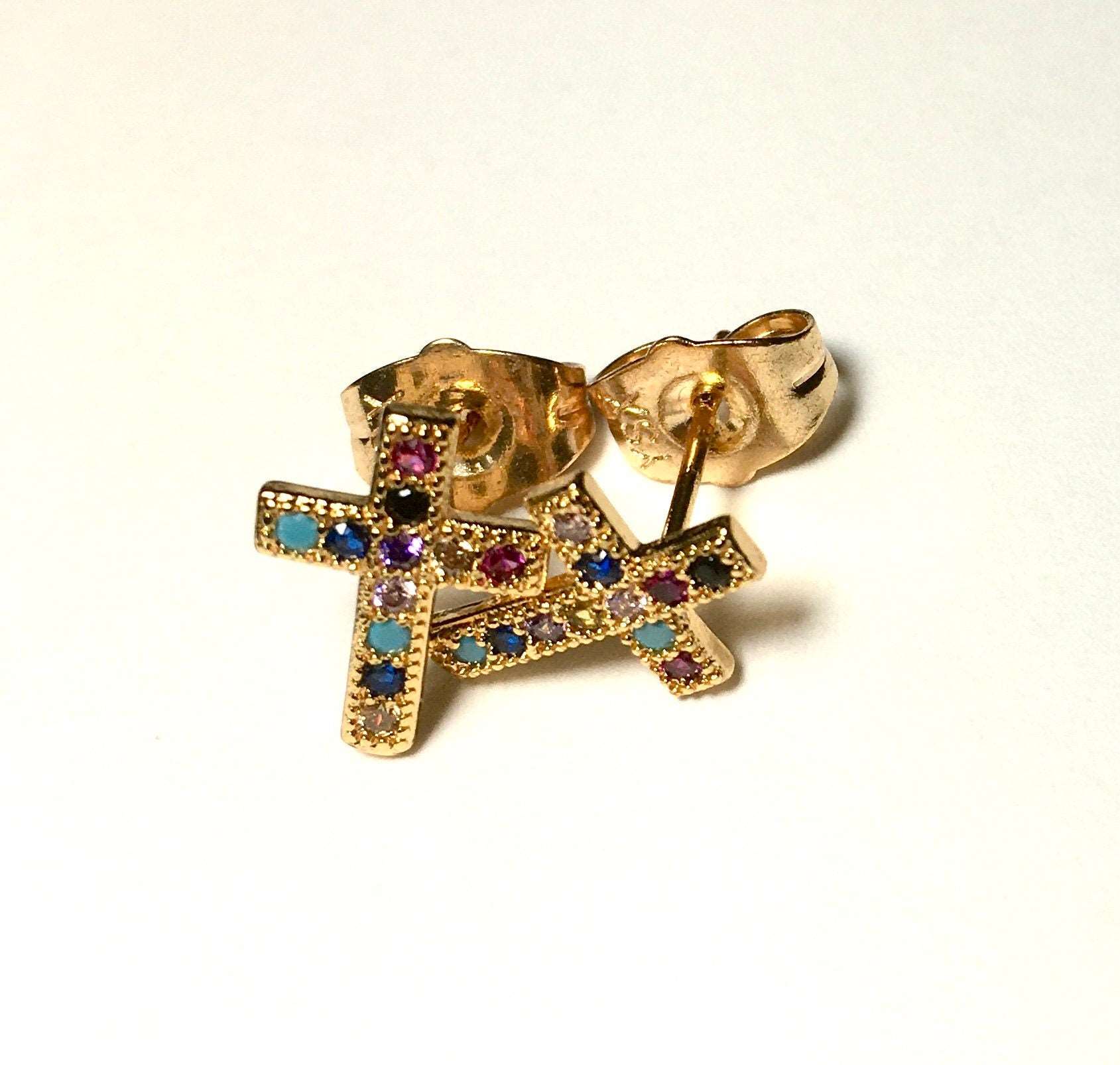 Dainty Gold Cross Earring with Multi Color inlayed Zircons