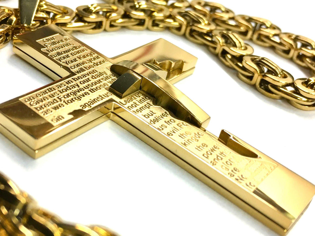 Large Crucifix Cross Lords Prayer Our Father hip hop Men Orthodox Byzantine Waterproof Chain Silver Gold Heavy Stainless Steel Thick Chain