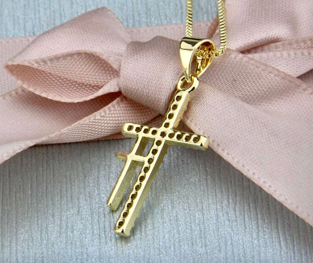 Double 2 cross necklace gold my redeemer lives two crosses CZ pendant for woman zircon jewelry