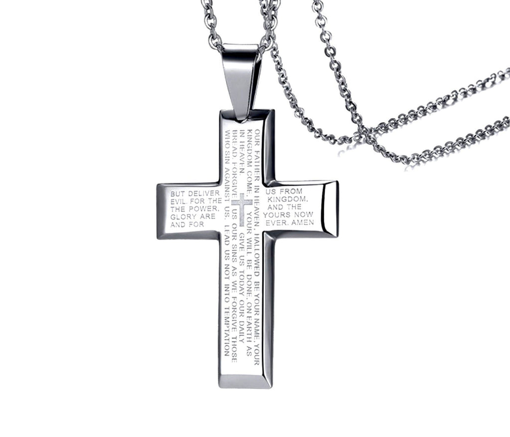 Heavy Lords Prayer Crucifix Cross Necklace for Men Silver Heavy Waterproof Stainless Steel Wheat Chain Jewelry Boys Catholic Cross of Jesus