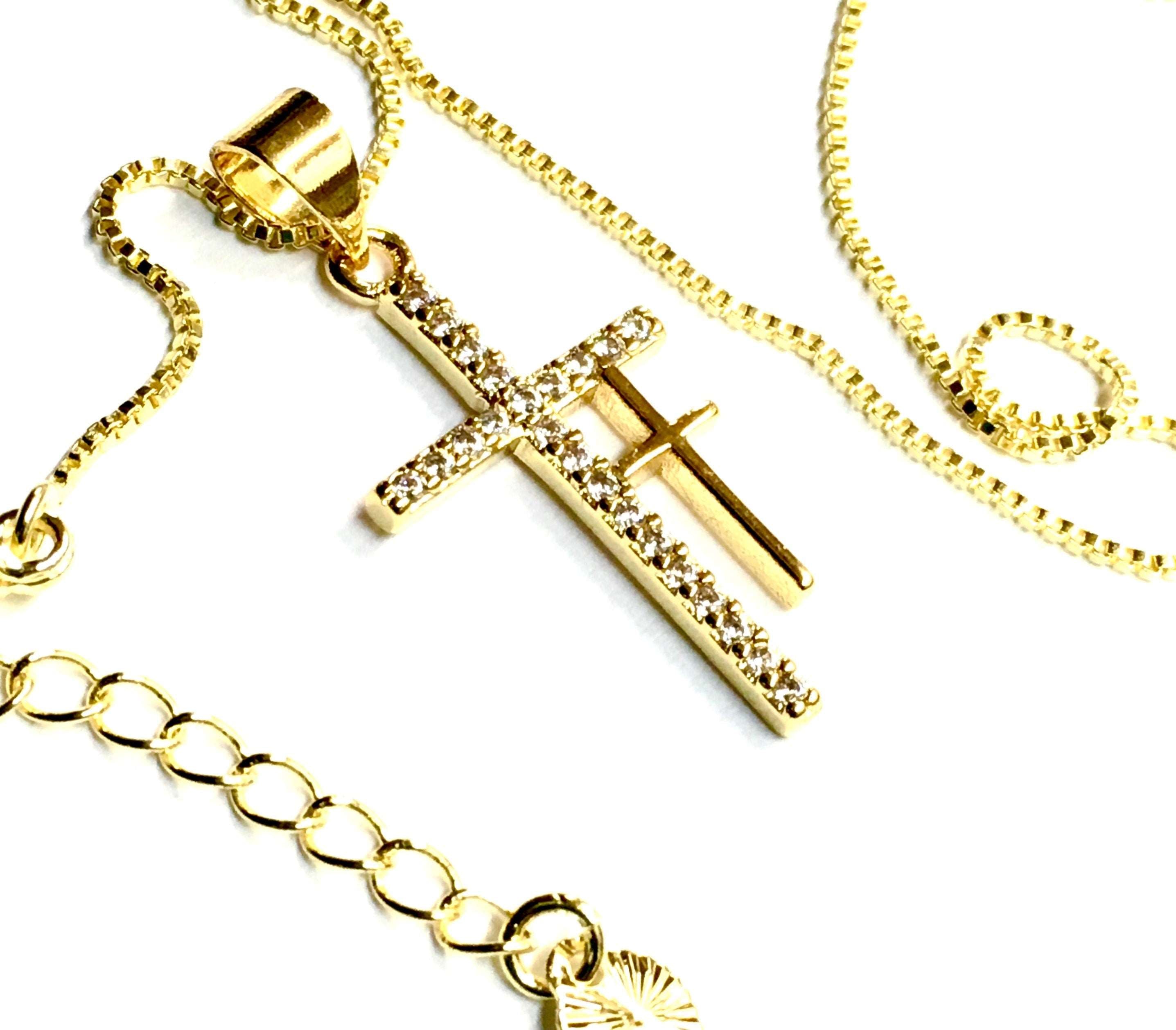 Double 2 cross necklace gold my redeemer lives two crosses CZ pendant for woman zircon jewelry