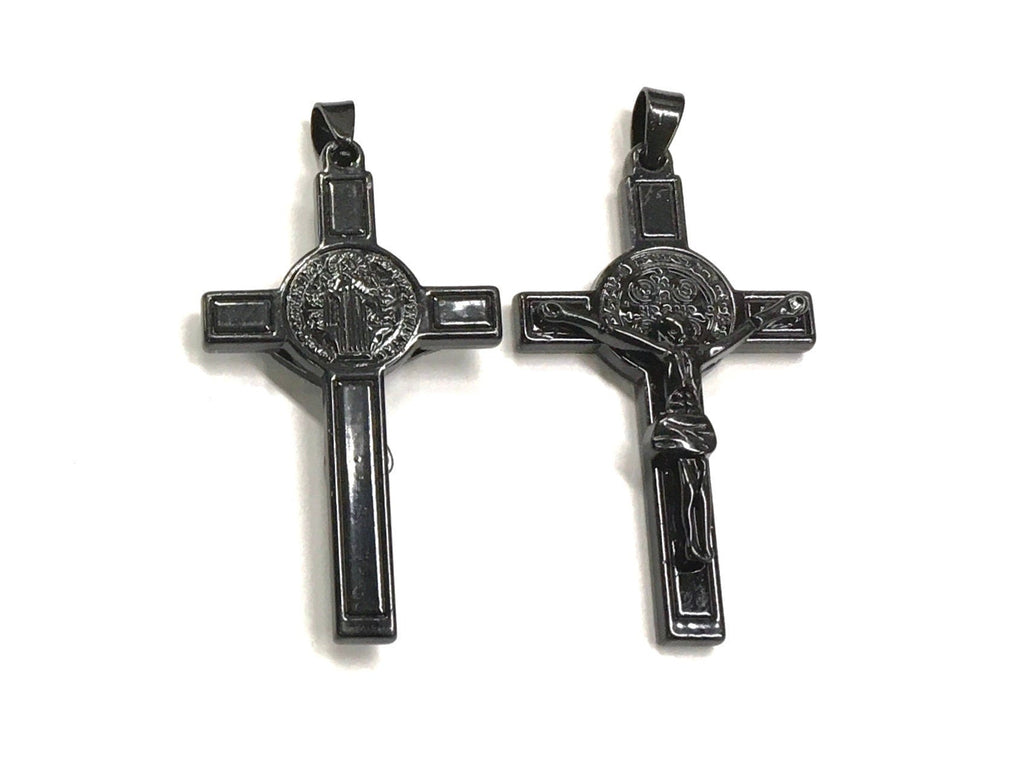 All Black Saint Benedict Crucifix Medal Cross Catholic Light Weight Chain Necklace for Men Black Religious San Benito Jesus