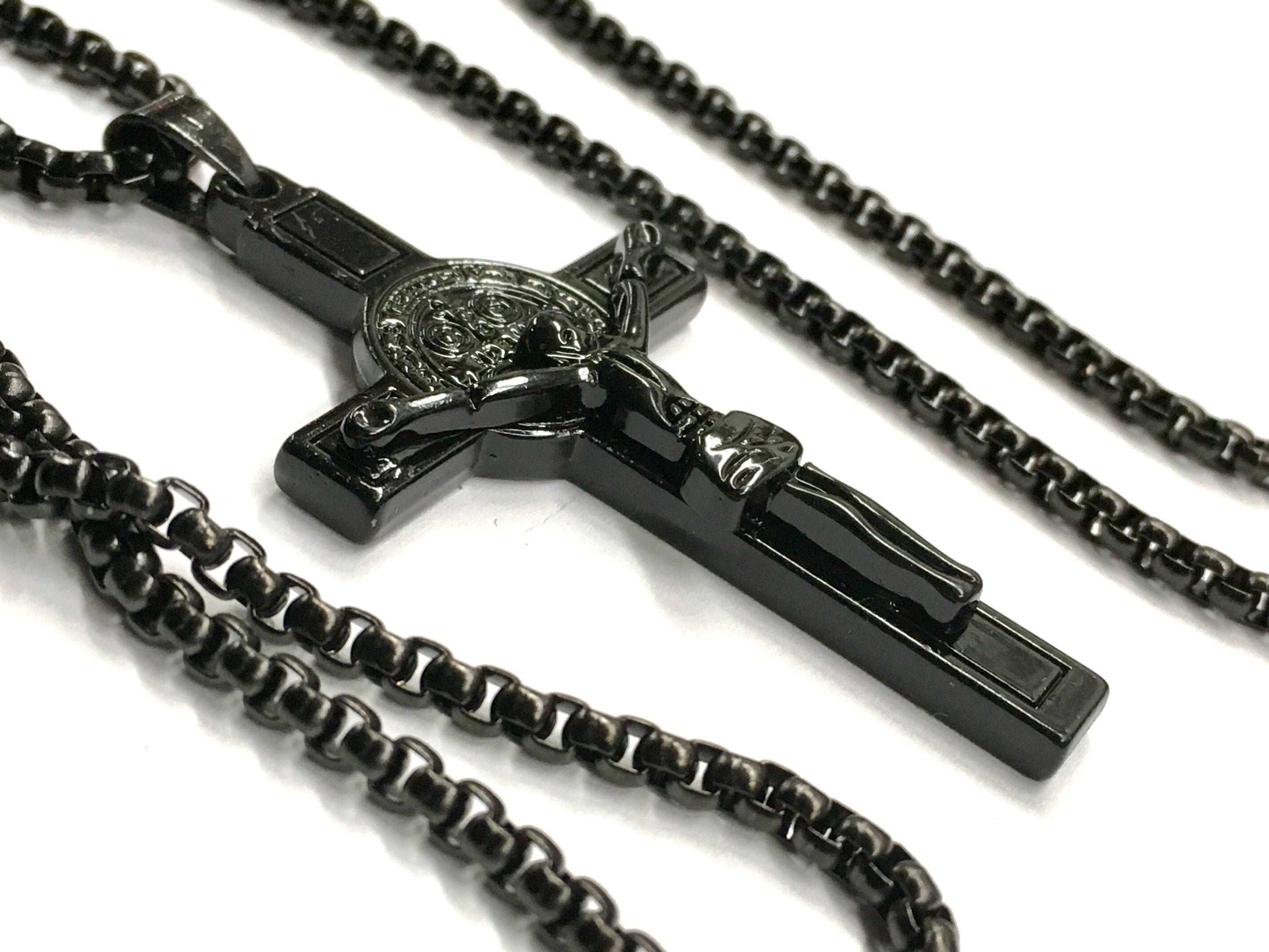 All Black Saint Benedict Crucifix Medal Cross Catholic Light Weight Chain Necklace for Men Black Religious San Benito Jesus