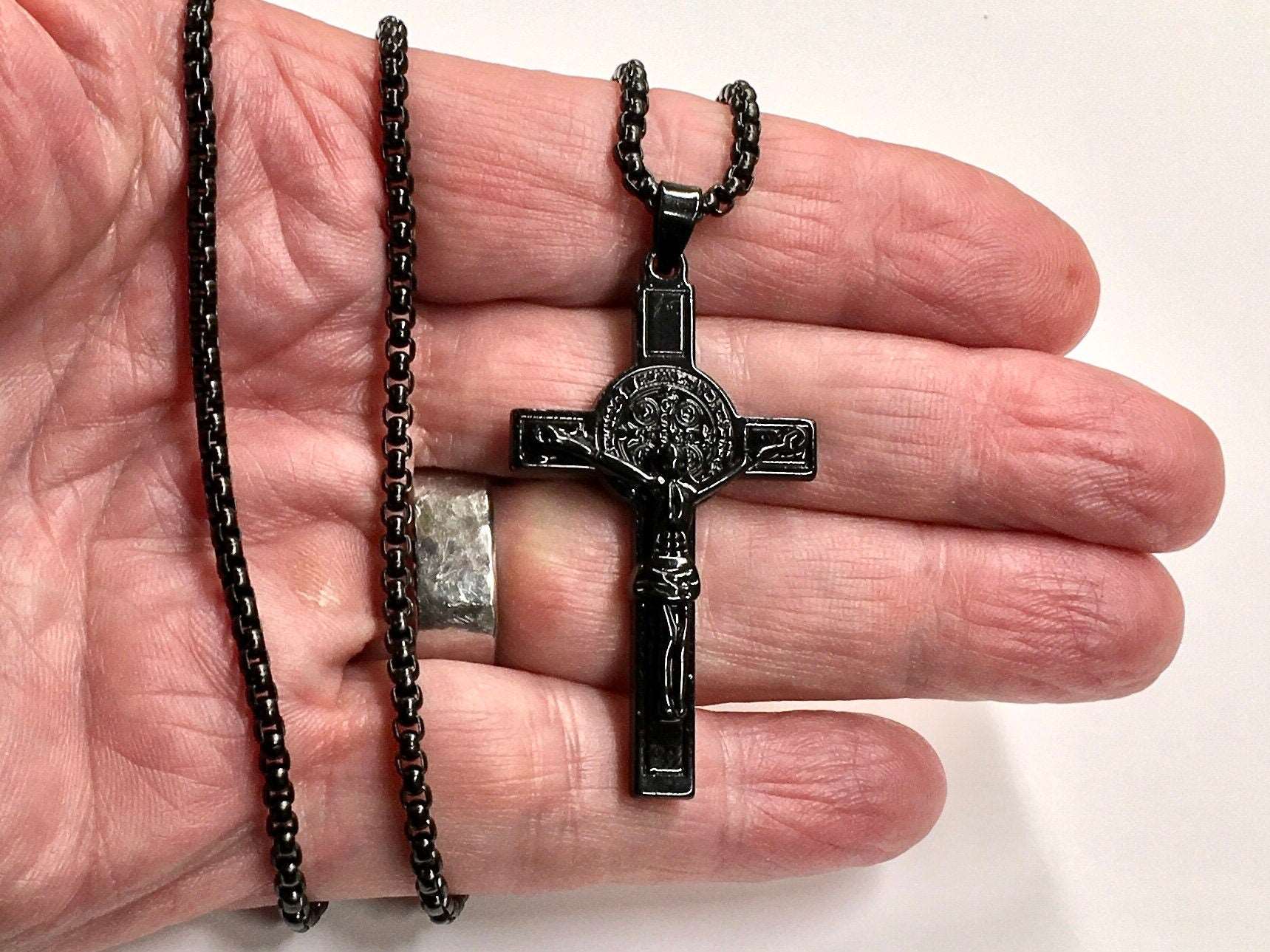 All Black Saint Benedict Crucifix Medal Cross Catholic Light Weight Chain Necklace for Men Black Religious San Benito Jesus