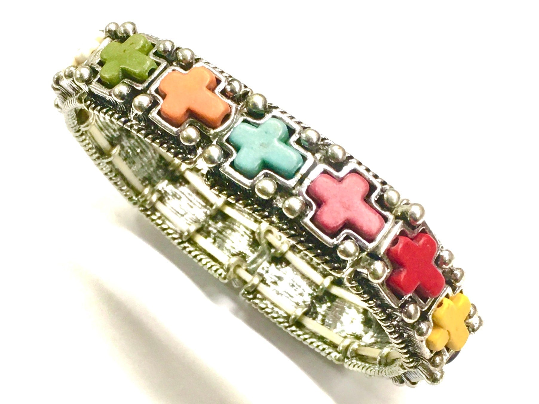 Cross Stretch Bracelet multicolor semi precious stones Boho Bohemian Hippie inlay Silver Bangle Vintage SouthWest Jewelry for Women Cuff