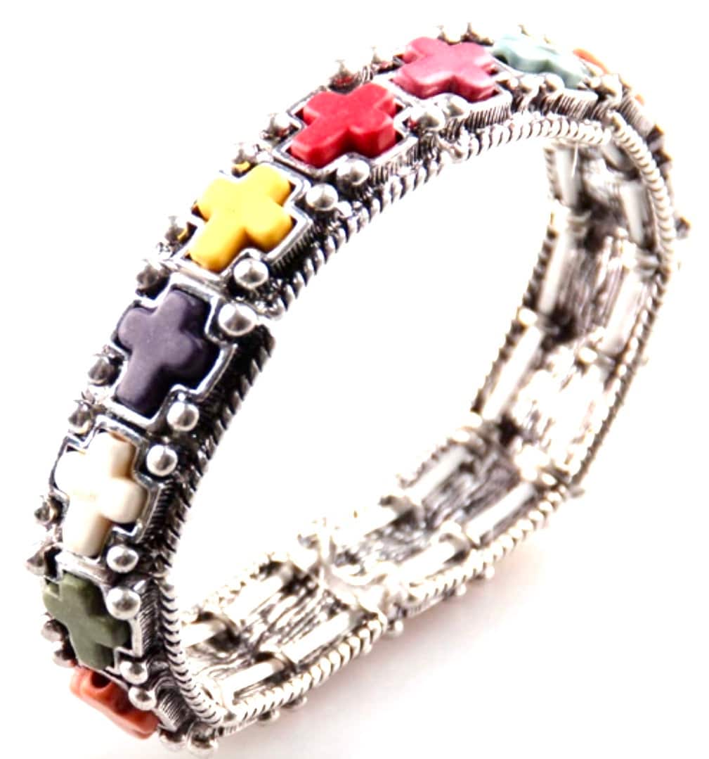 Cross Stretch Bracelet multicolor semi precious stones Boho Bohemian Hippie inlay Silver Bangle Vintage SouthWest Jewelry for Women Cuff