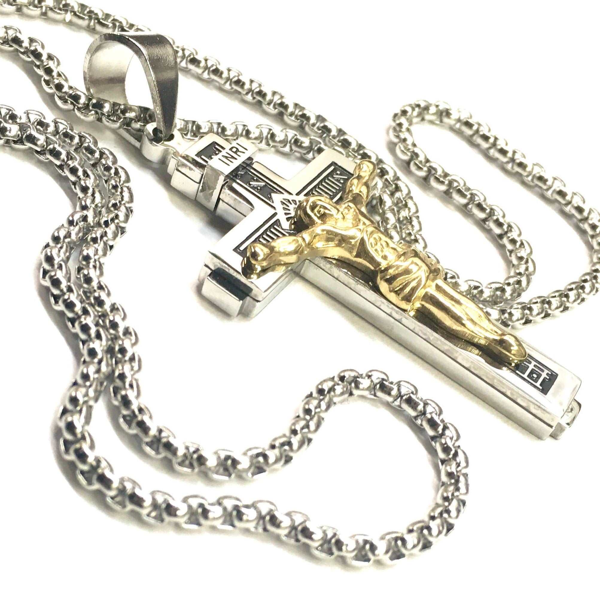 Large gothic crucifix cross necklace for men silver and gold heavy stainless steel waterproof thick curb chain jewellry INRI Jesus