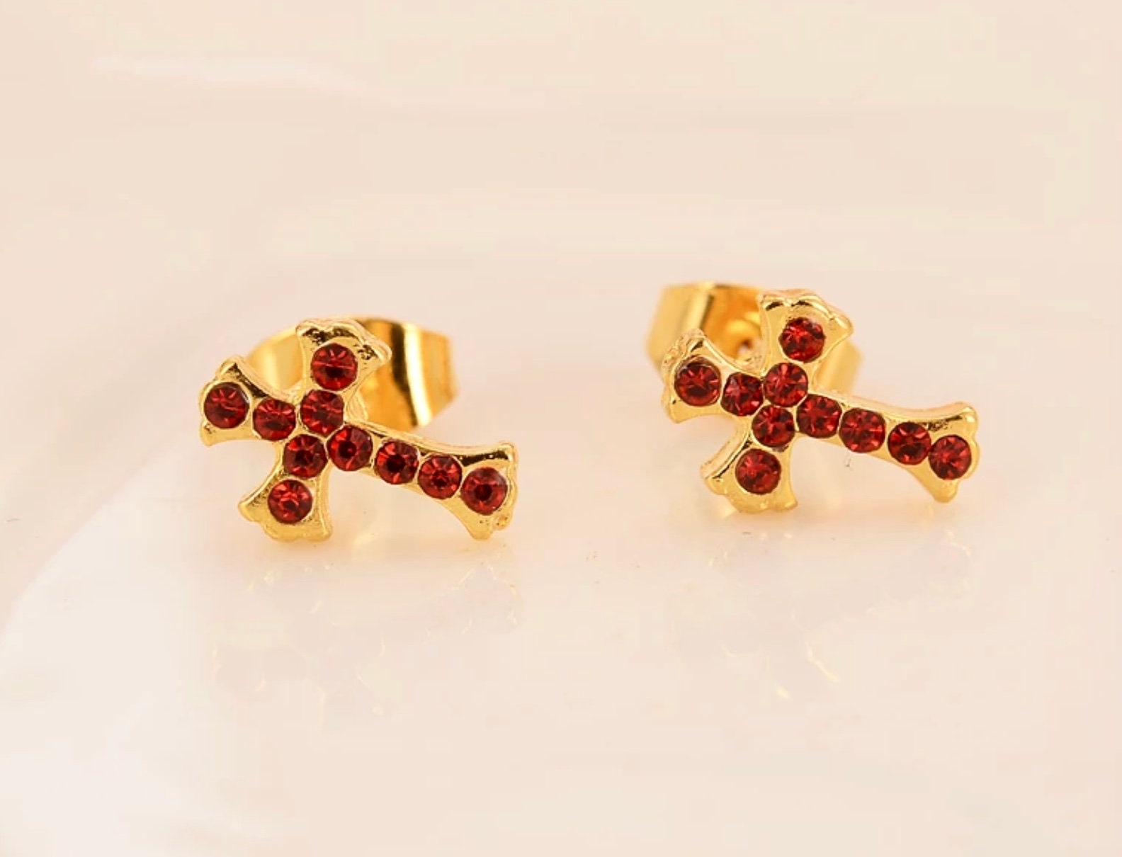 Gold Cross Earrings with Red Colored CZ for Women Weddings Bridesmaid