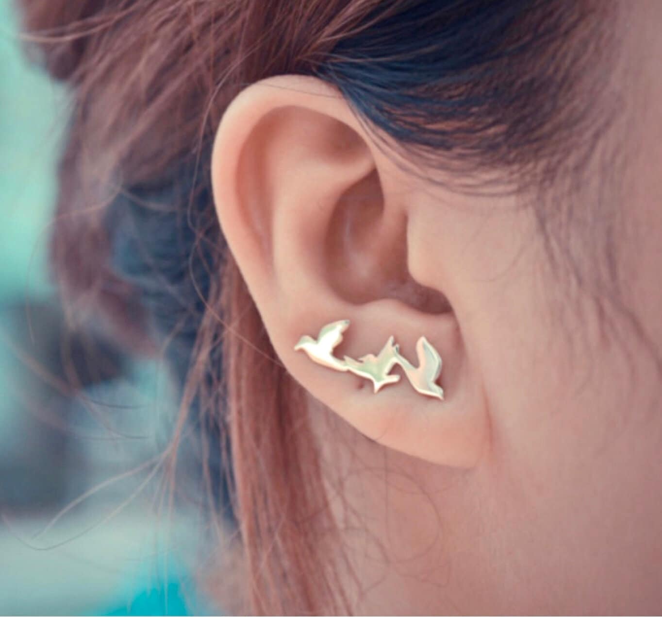 Gold Peace 3 Dove Stud Earrings ear climber olive branch baptism wedding dove Holy Spirit symbol of Sole and Holy Spirit Womans Girls Christian Jewelry