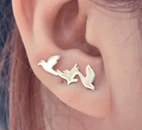 Gold Peace 3 Dove Stud Earrings ear climber olive branch baptism wedding dove Holy Spirit symbol of Sole and Holy Spirit Womans Girls Christian Jewelry