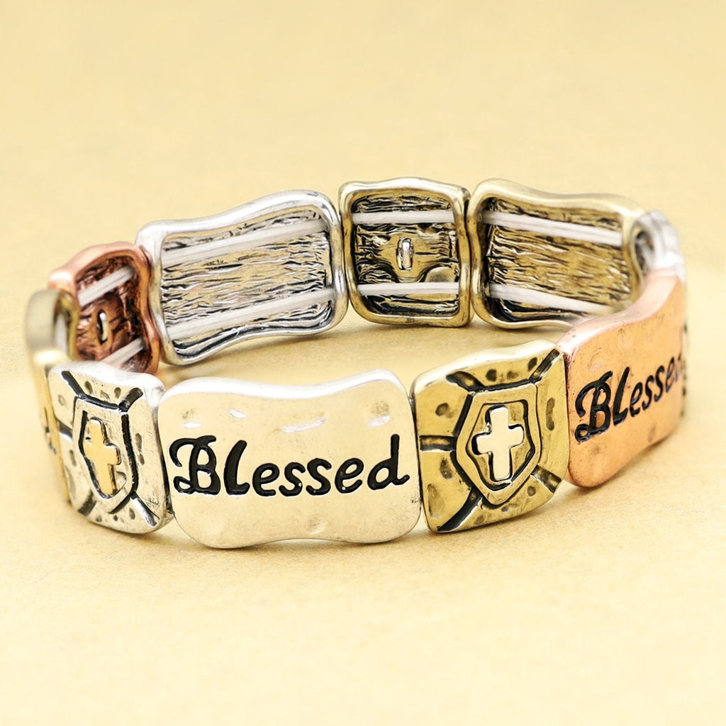 blessed stamped cross stretch bracelet cuff wrap bangle 3 colors gold brass christian verse jewellery jewelry