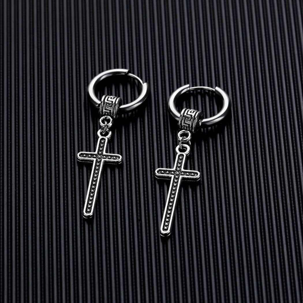 Long Viking Cross Earrings with Celtic Irish Design and Hoop Closure Crucifix Boho bohemian style Jesus Cross EarringsJewelry