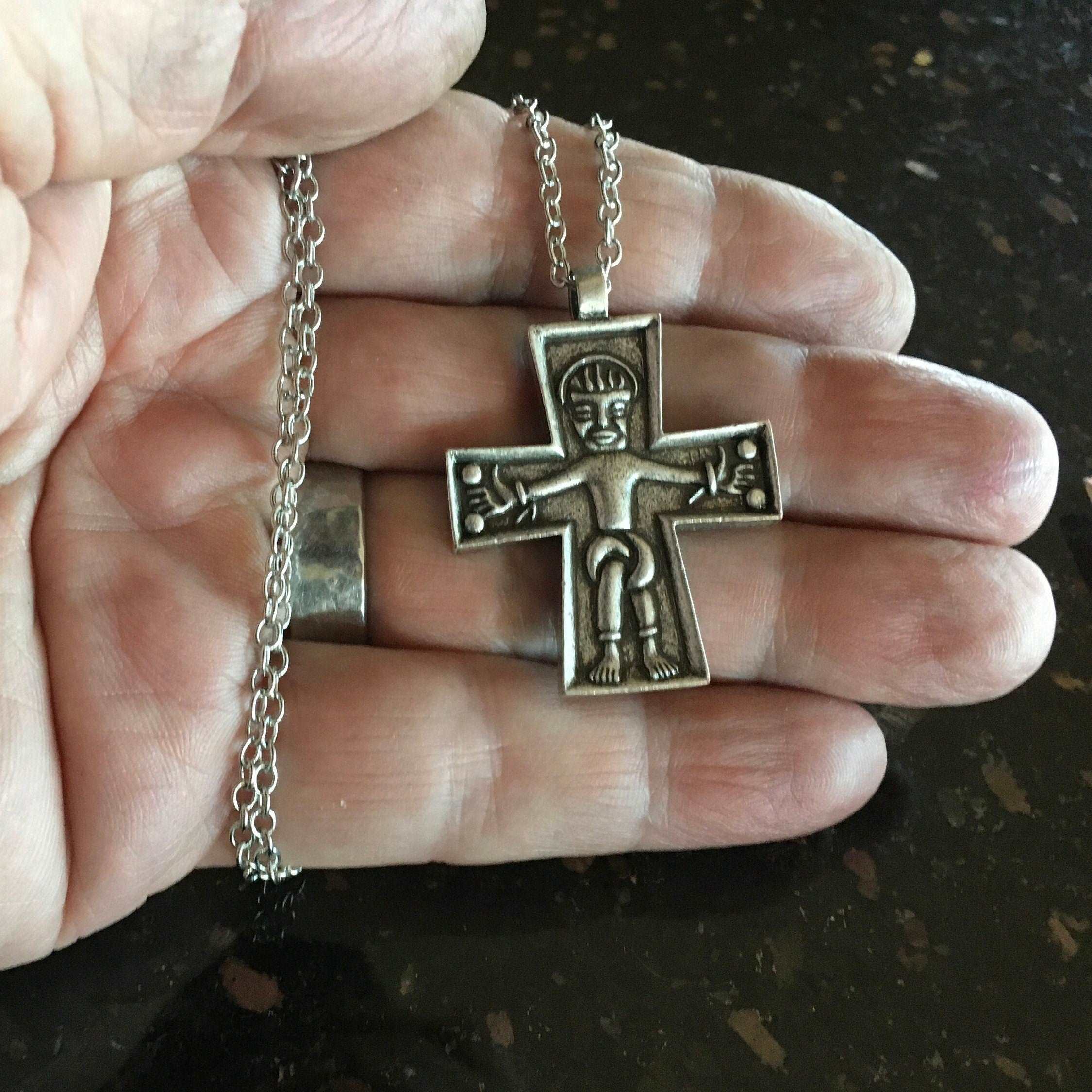 Ancient Viking Crucifix Crafted Pendant Cross Necklace Silver Novgorod Russian Jesus