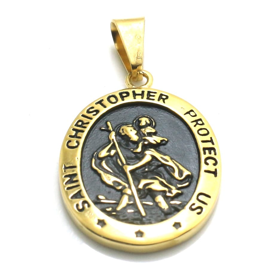 Saint Christopher Necklace Mens Medal Protect Travelers Silver Black Gold All Stainless Steel Medallion Patron Saint