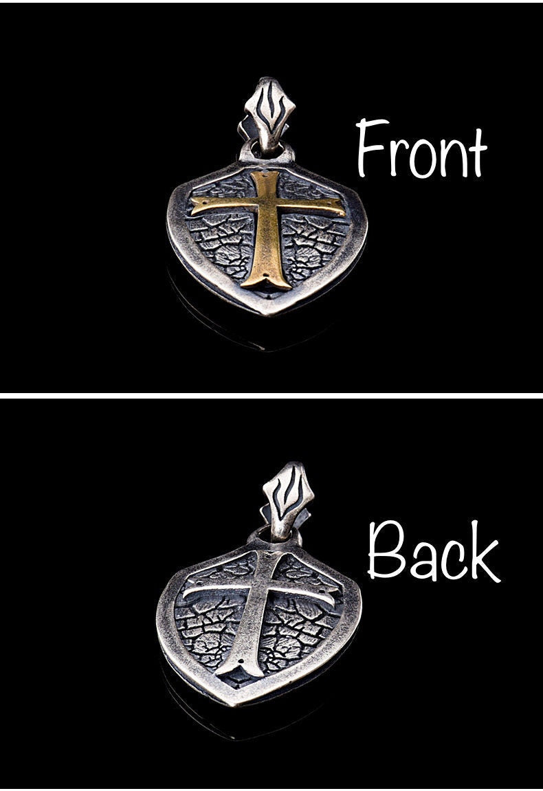Solid sterling silver cross shield necklace biker waterproof medallion mens jewelry
