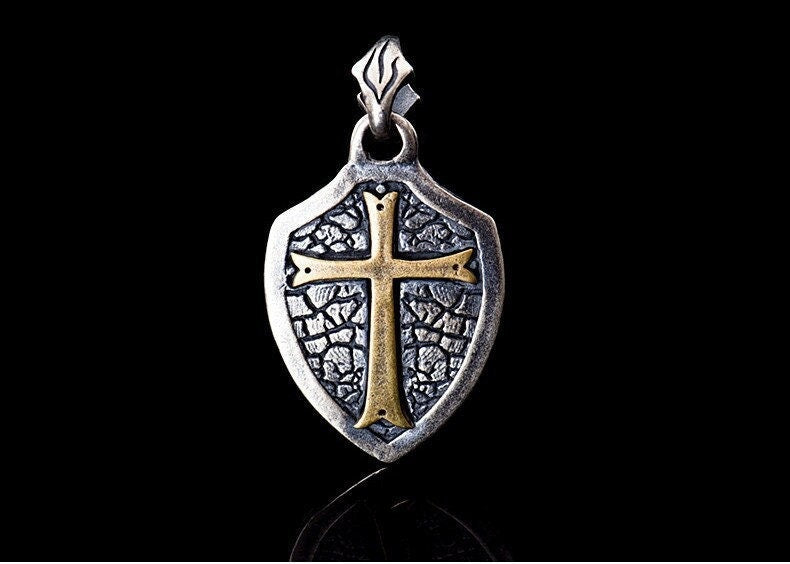 Solid sterling silver cross shield necklace biker waterproof medallion mens jewelry
