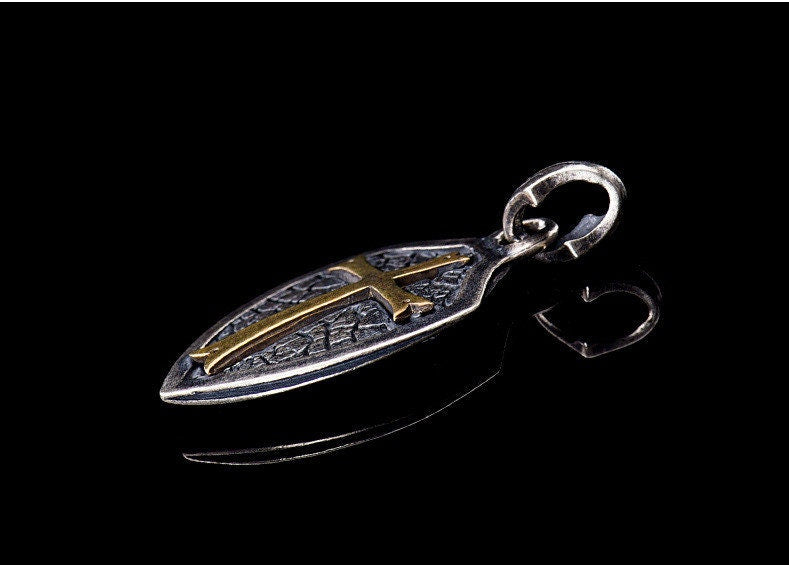 Solid sterling silver cross shield necklace biker waterproof medallion mens jewelry