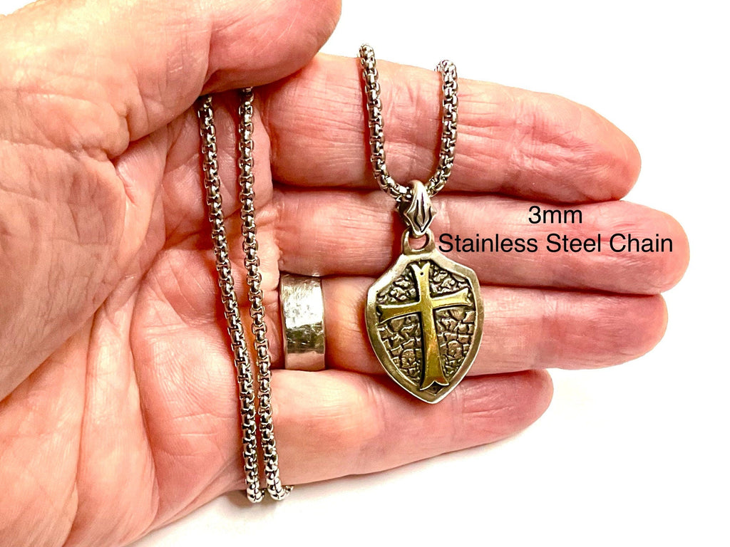 Solid sterling silver cross shield necklace biker waterproof medallion mens jewelry