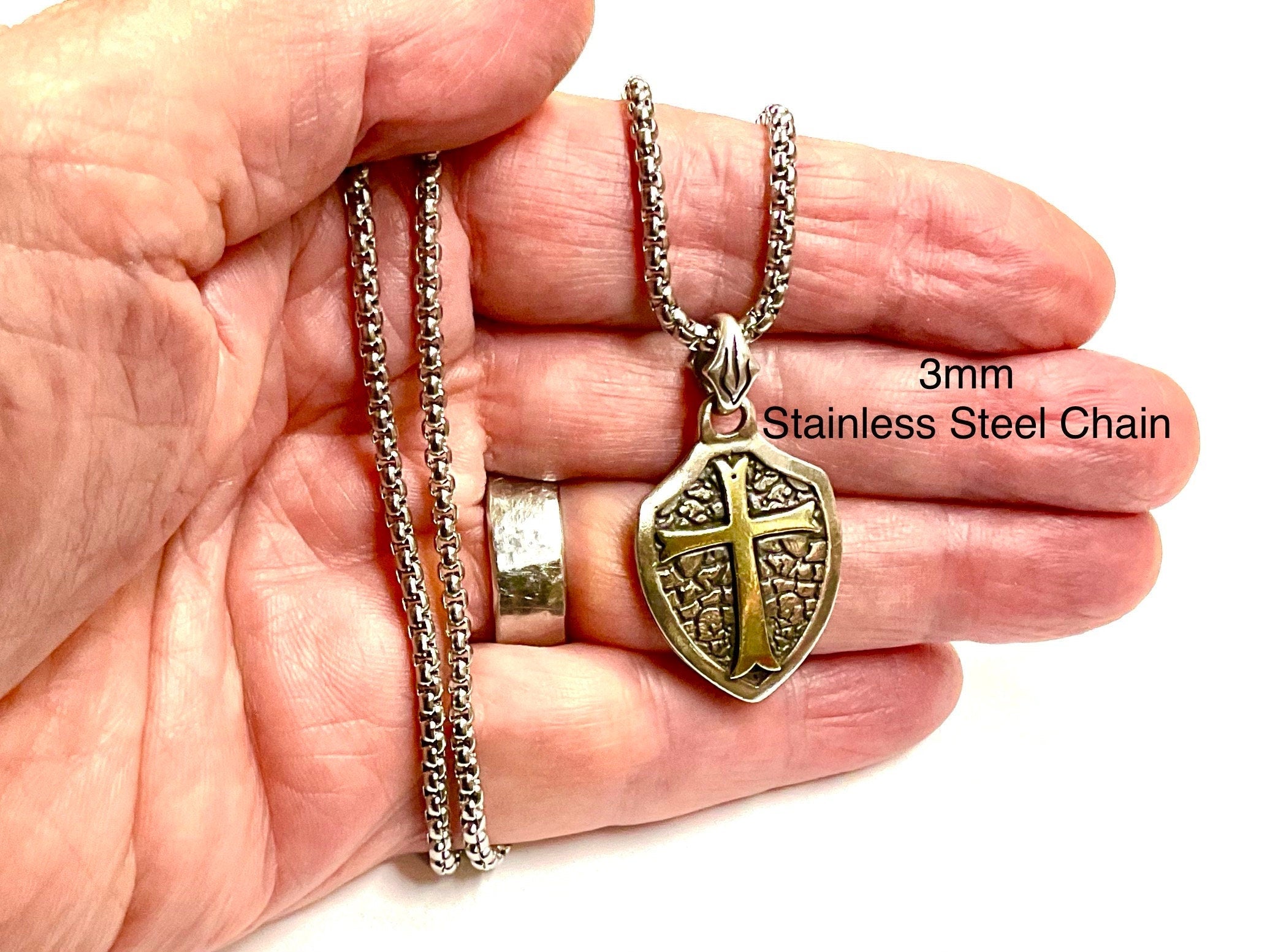 Solid sterling silver cross shield necklace biker waterproof medallion mens jewelry